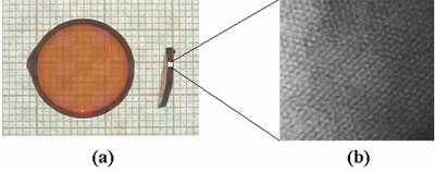 AZoJoMo – AZoM Journal of Materials Online : a) Photograph (scale bar = 5mm) and (b) TEM image (scale bar = 10 nm) of the dye-functionalized silica monolith.