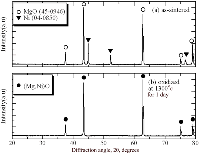 AZoJoMo - AZoM Journal of Materials Online - XRD pattern of sample surface of Ni/MgO.  (a) as-sintered sample and (b) oxidized one at 1300˚C for 1 day.