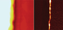 Topography (left) and simultaneously-obtained tunneling current image (right) at the transition from a field oxide to a 40nm thick gate oxide. At the transition the tunneling current is increased, which indicates thinning of the silicon oxide. 1£gm scans, 0.5 pA current scale.